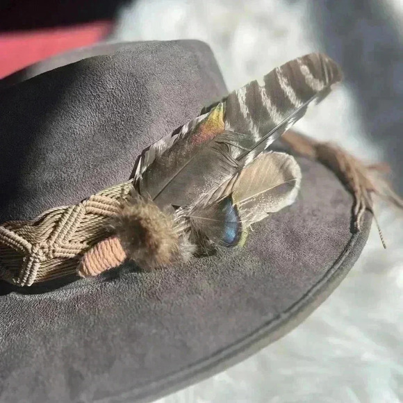 Custom Felt hat with plumes & macrame boho Tulum Suede Western Hat Widebrim